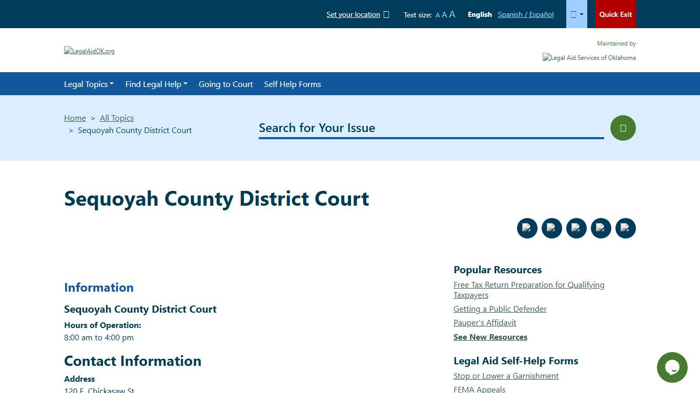 Sequoyah County District Court Welcome to Legal Aid Services of Oklahoma's guide to free legal help in Oklahoma.