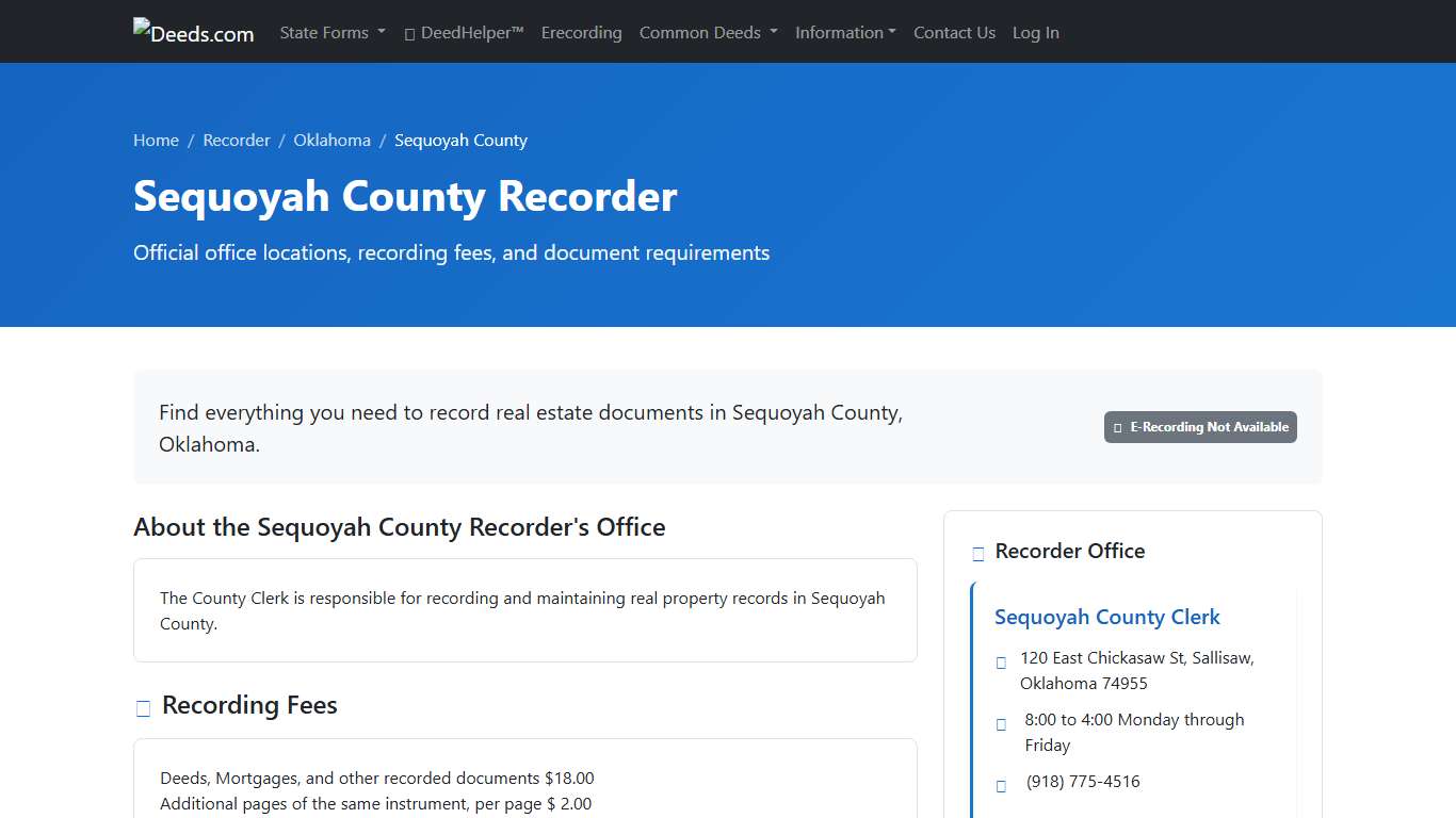 Sequoyah County Recorder Information, Oklahoma - Deeds.com